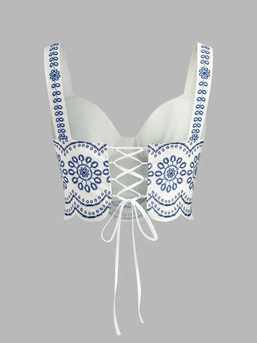 Commense NWT 2 Piece Set Maxi w/lace up top w/padding. White w/Blue floral Small - Picture 3 of 9